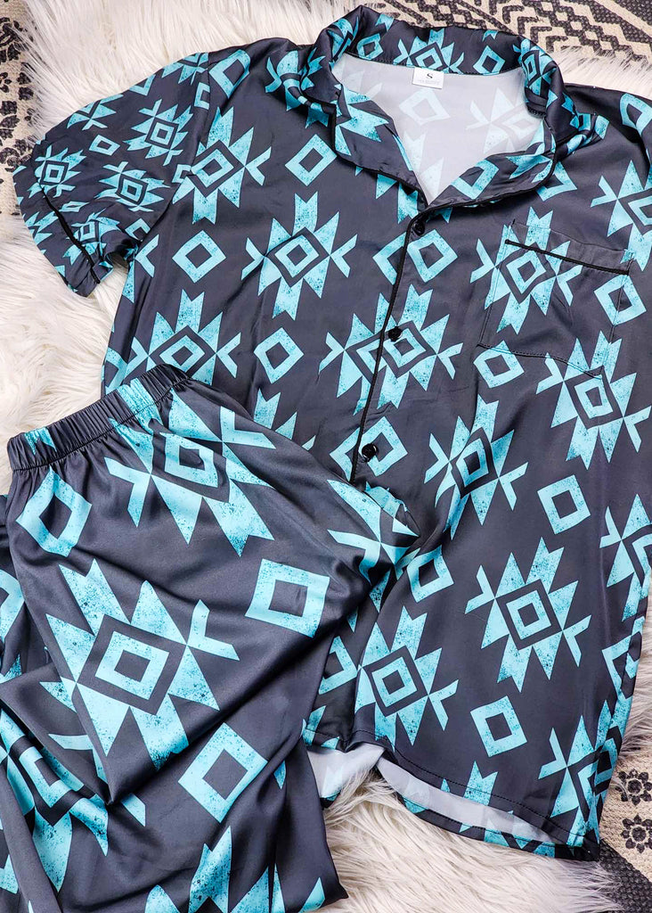 Black & Turquoise Aztec Silky Pajamas pajamas The Cinchy Cowgirl (YC)   