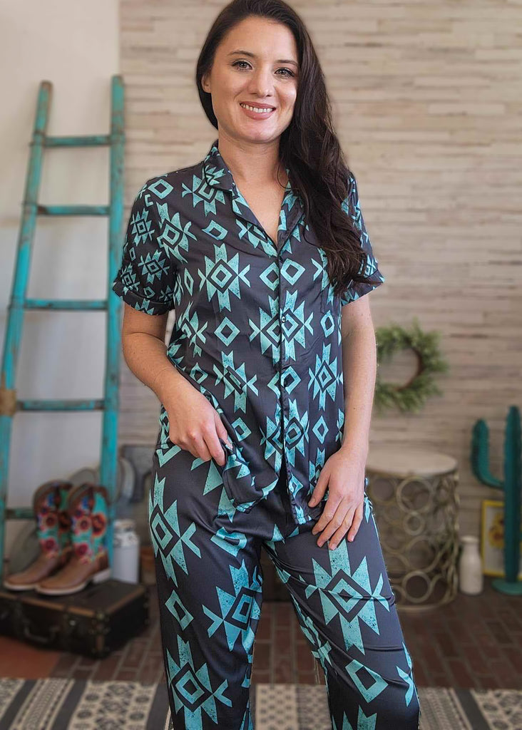 Black & Turquoise Aztec Silky Pajamas pajamas The Cinchy Cowgirl (YC) S  