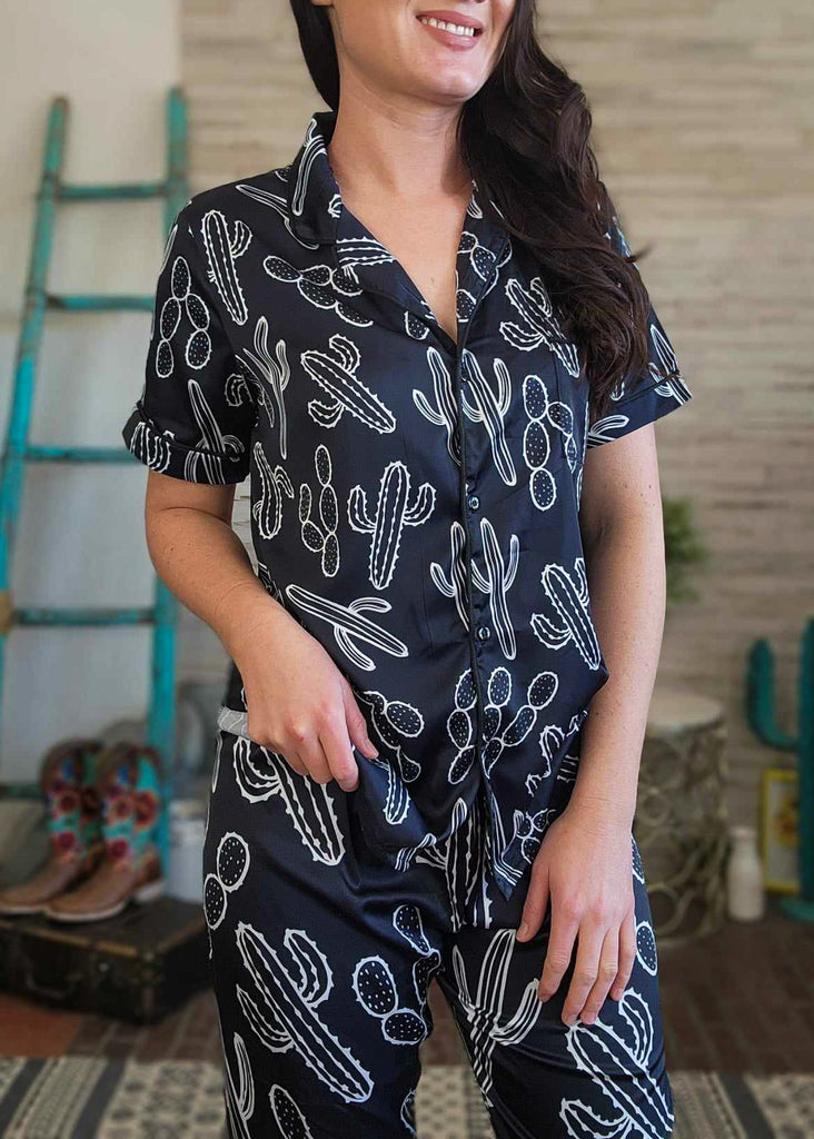 Black & White Cactus Silky Pajamas pajamas The Cinchy Cowgirl (YC) S  