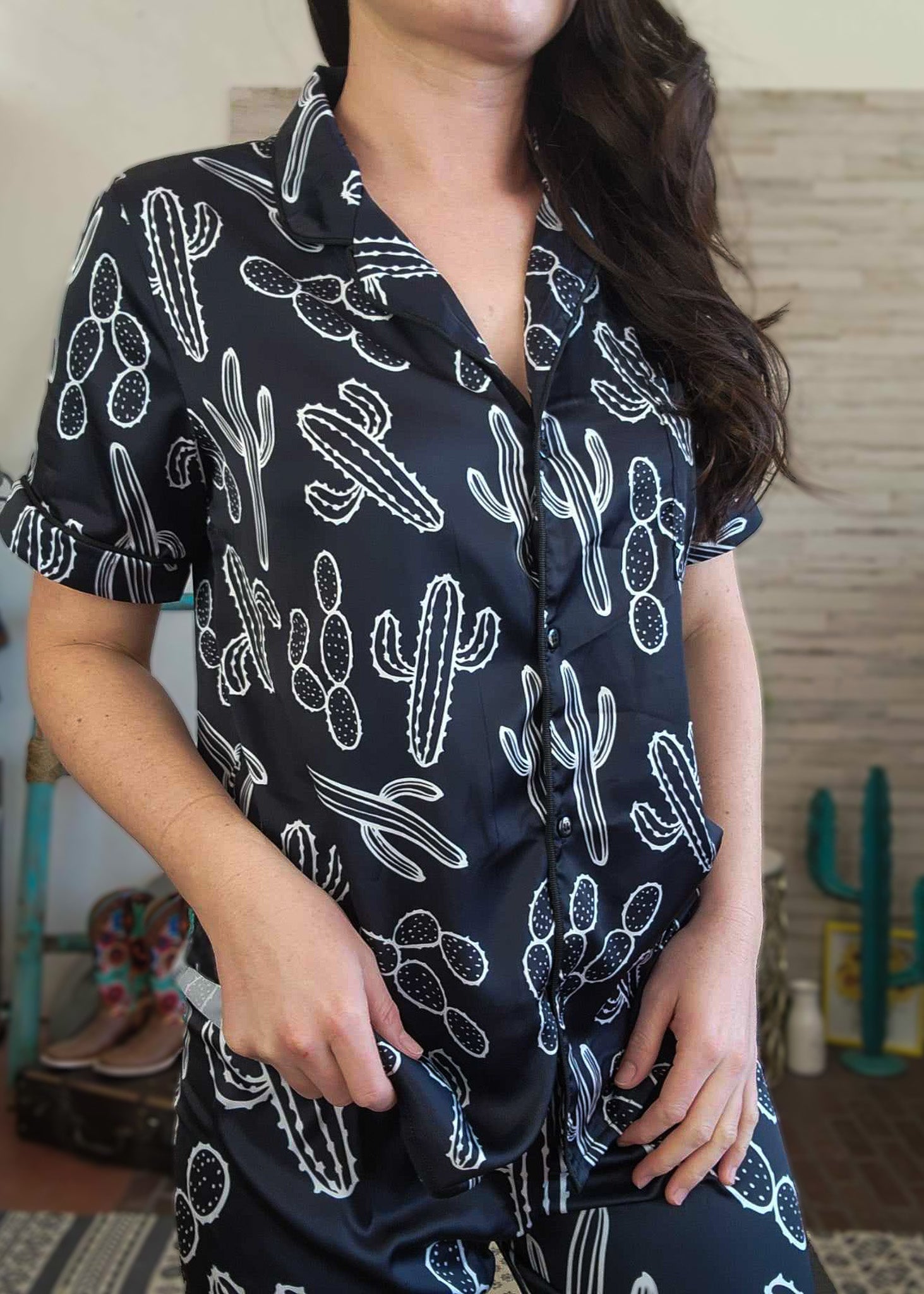Black & White Cactus Silky Pajamas pajamas The Cinchy Cowgirl (YC)   