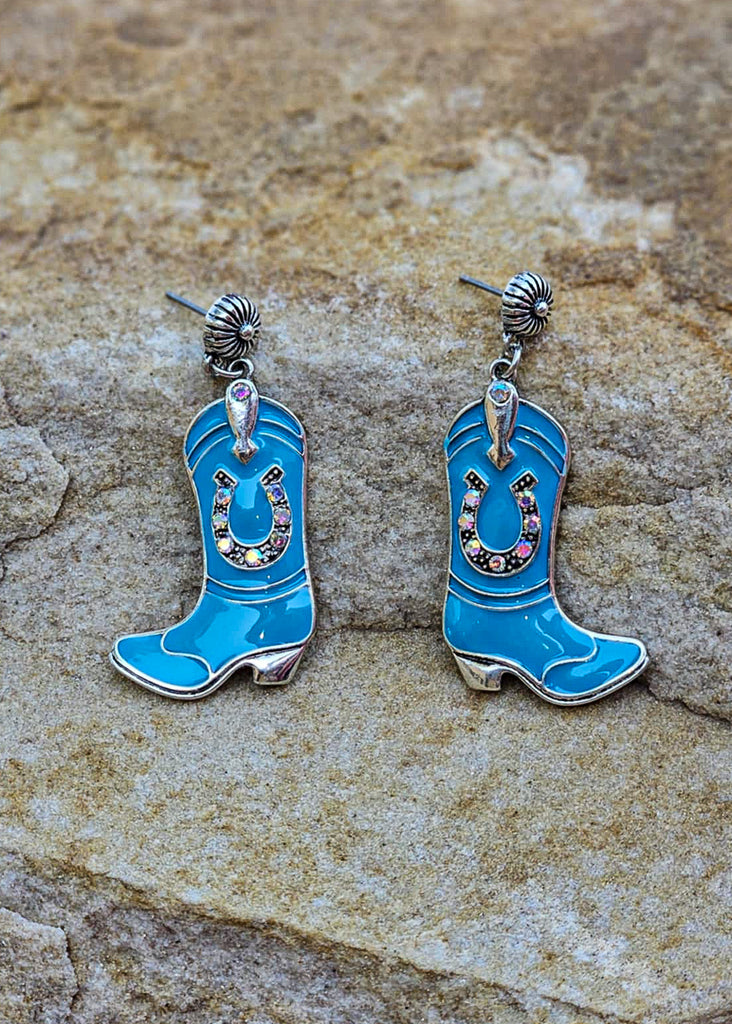 Blue Cowgirl Boot Stud Earrings Earrings Blue Tortoise
