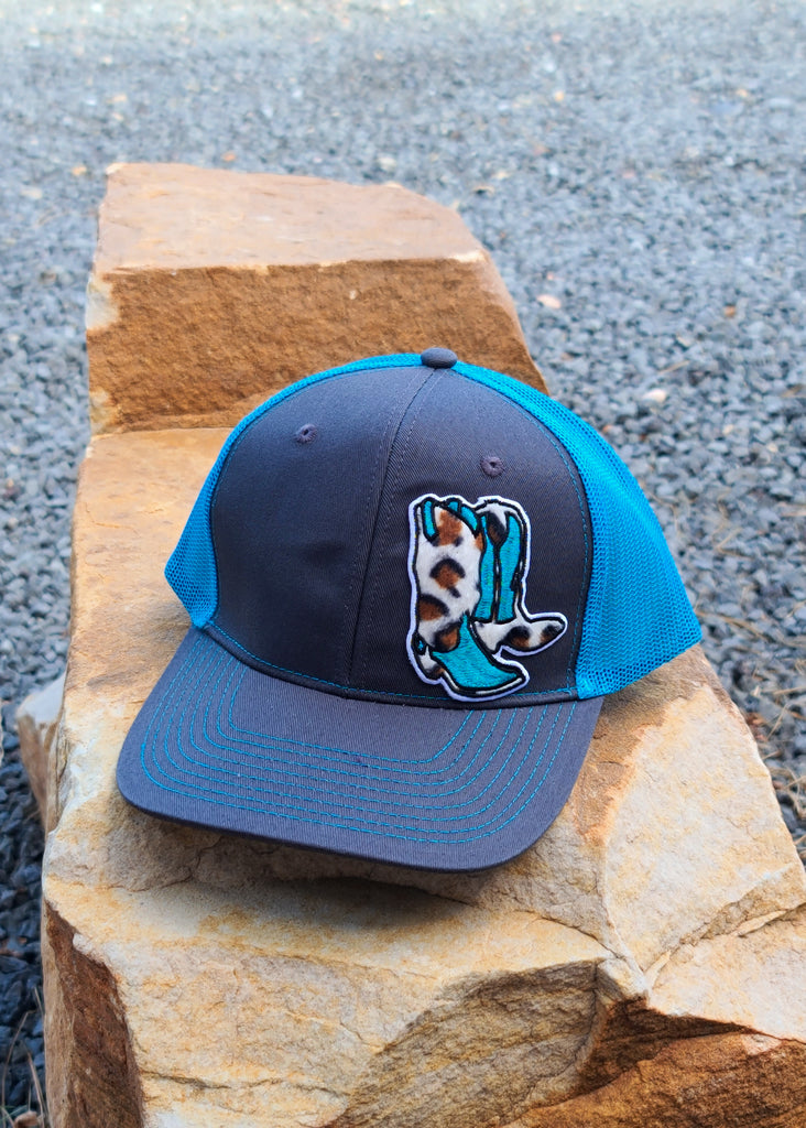 Blue And Leopard Boots Patch Trucker Hat patch trucker hat The Cinchy Cowgirl