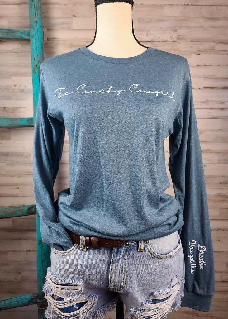 Heather Slate Breathe You Got This Long Sleeve Graphic Tee graphic tee long sleeve The Cinchy Cowgirl