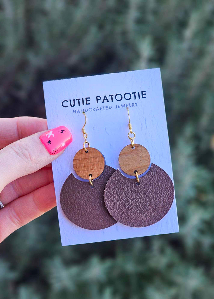 Brown Leather & Wood Handcrafted Earrings  Cutie Patootie   