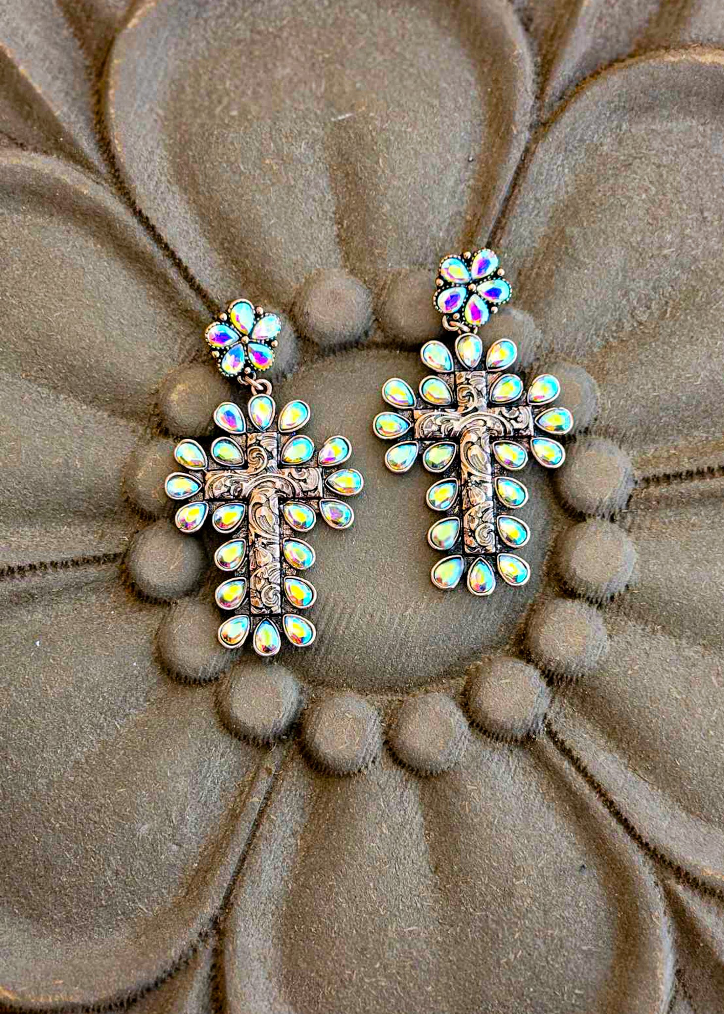 Burnished Copper Color Cross Stone Stud Earring Earrings Blue Tortoise