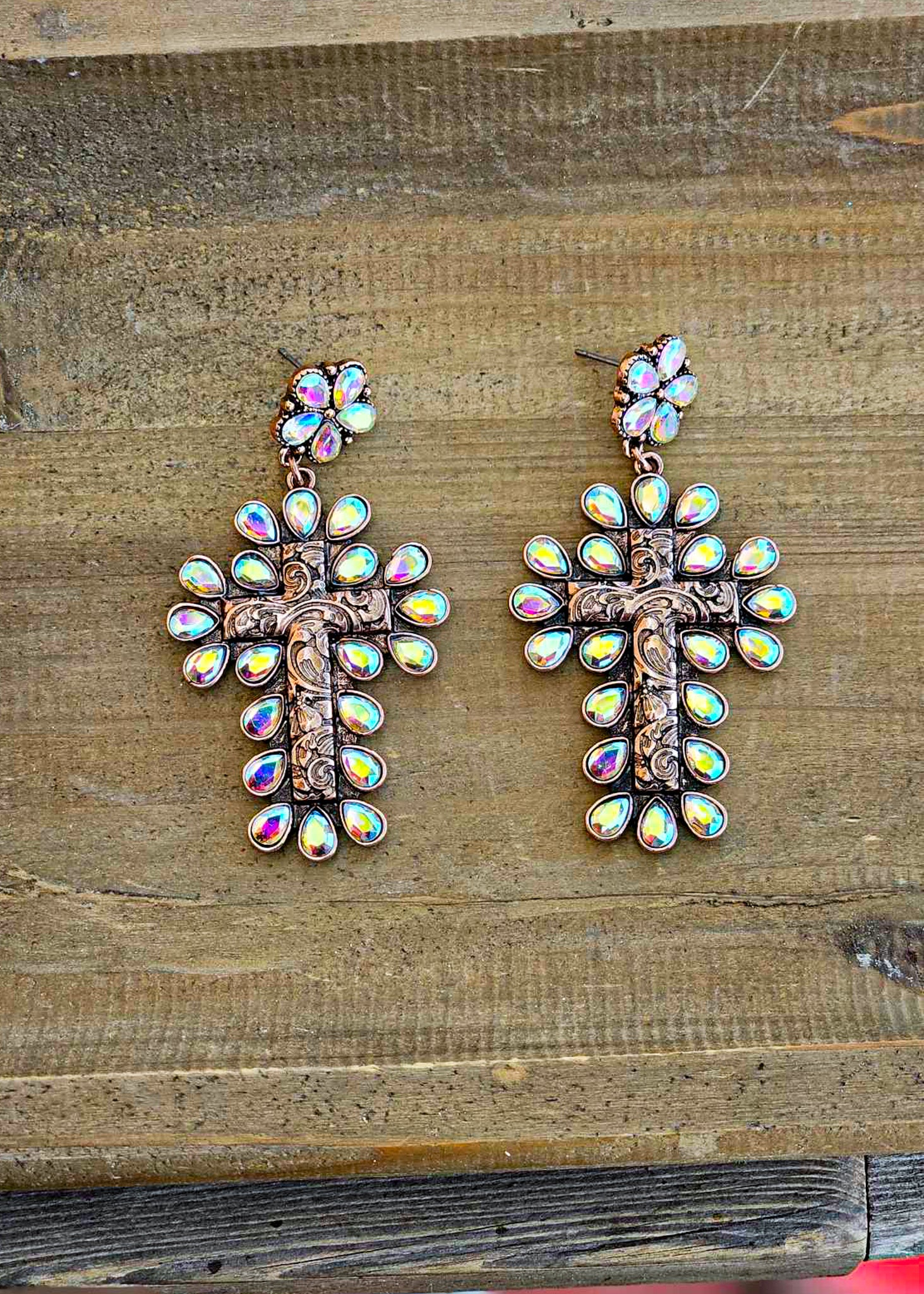 Burnished Copper Color Cross Stone Stud Earring Earrings Blue Tortoise