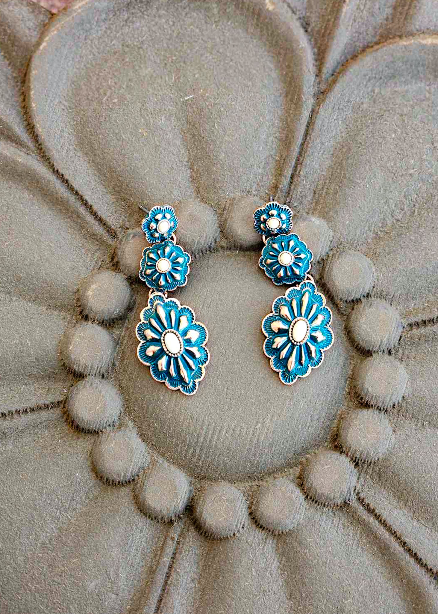 Burnished Patina Concho Drop Stud Earring Earrings Blue Tortoise