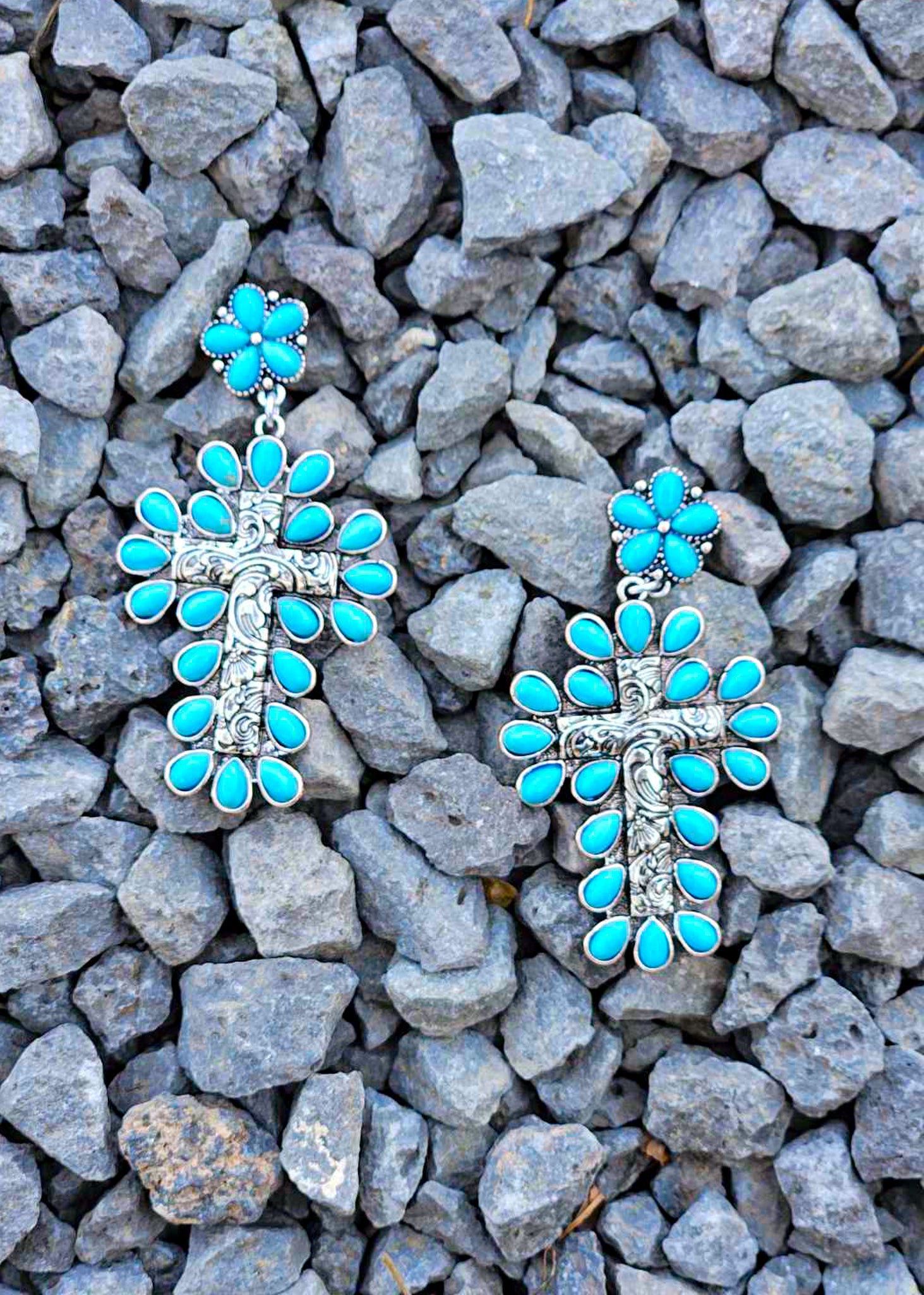 Burnished Silver and Turquoise Color Cross Stone Stud Earring Earrings Blue Tortoise