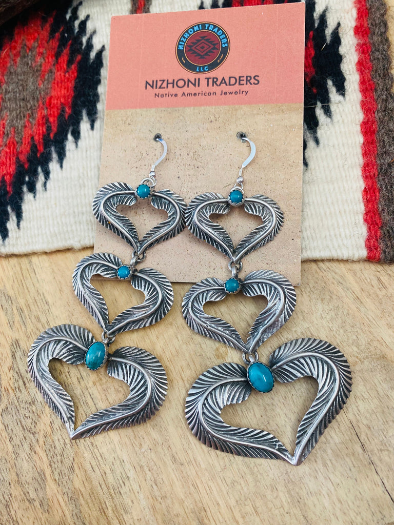 Three Tier Feather Heart Dangle Earrings NT jewelry Nizhoni Traders LLC   