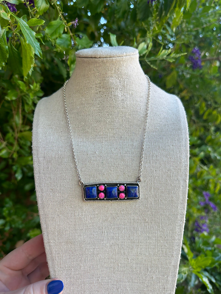 Beautiful Handmade Sterling Silver, Lapis & Hot Pink Fire Opal Bar Necklace Jewelry & Watches:Ethnic, Regional & Tribal:Necklaces & Pendants Nizhoni Traders LLC   