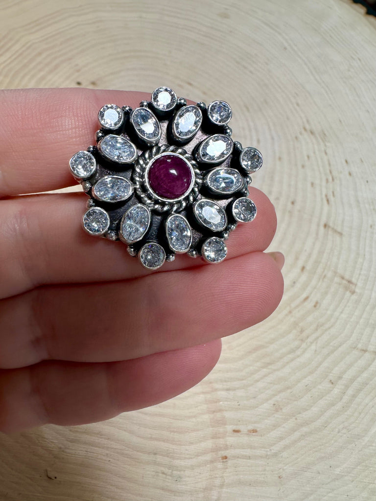Handmade Sterling Silver, Cz & Purple Spiny Adjustable Ring Signed Nizhoni NT jewelry Native American   