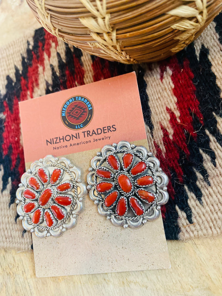 Coral Floral Cluster Post Earrings NT jewelry Nizhoni Traders LLC   