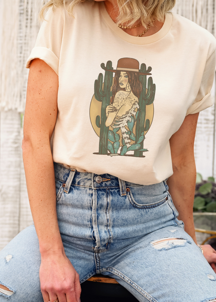 Natural Cactus Cowgirl Graphic Tee T-Shirt Printify   