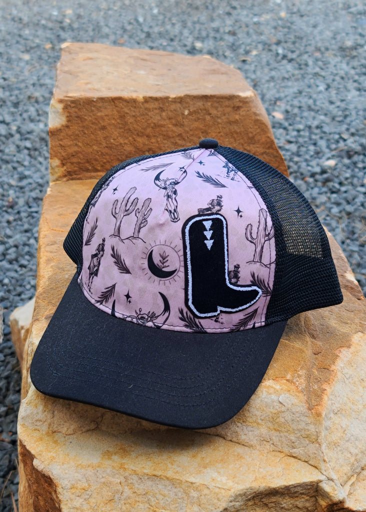 Pink Desert Scene Letter L Boot Patch Snapback Trucker Hat trucker cap The Cinchy Cowgirl