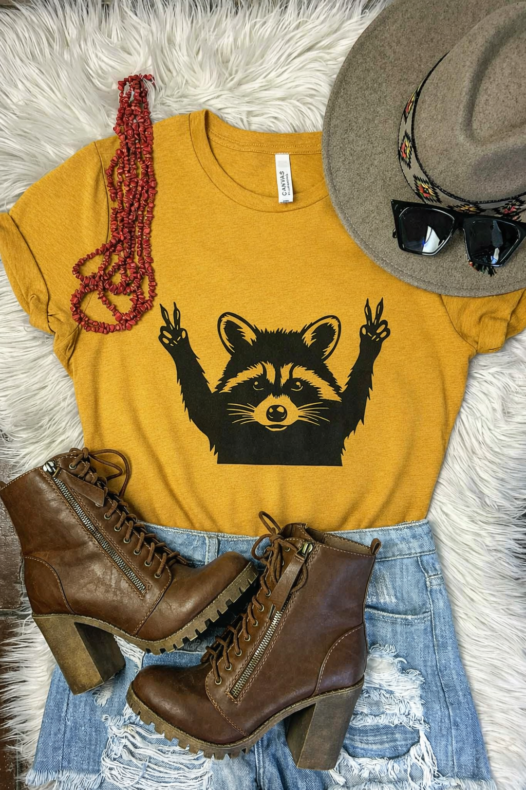 Mustard Peace Out Raccoon Short Sleeve Tee tcc graphic tee The Cinchy Cowgirl