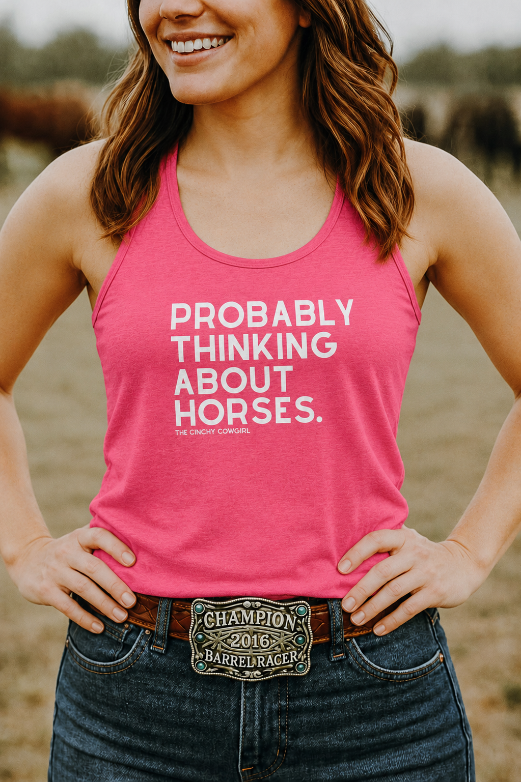 Probably Thinking About Horses Tank Top graphic tank The Cinchy Cowgirl - Print