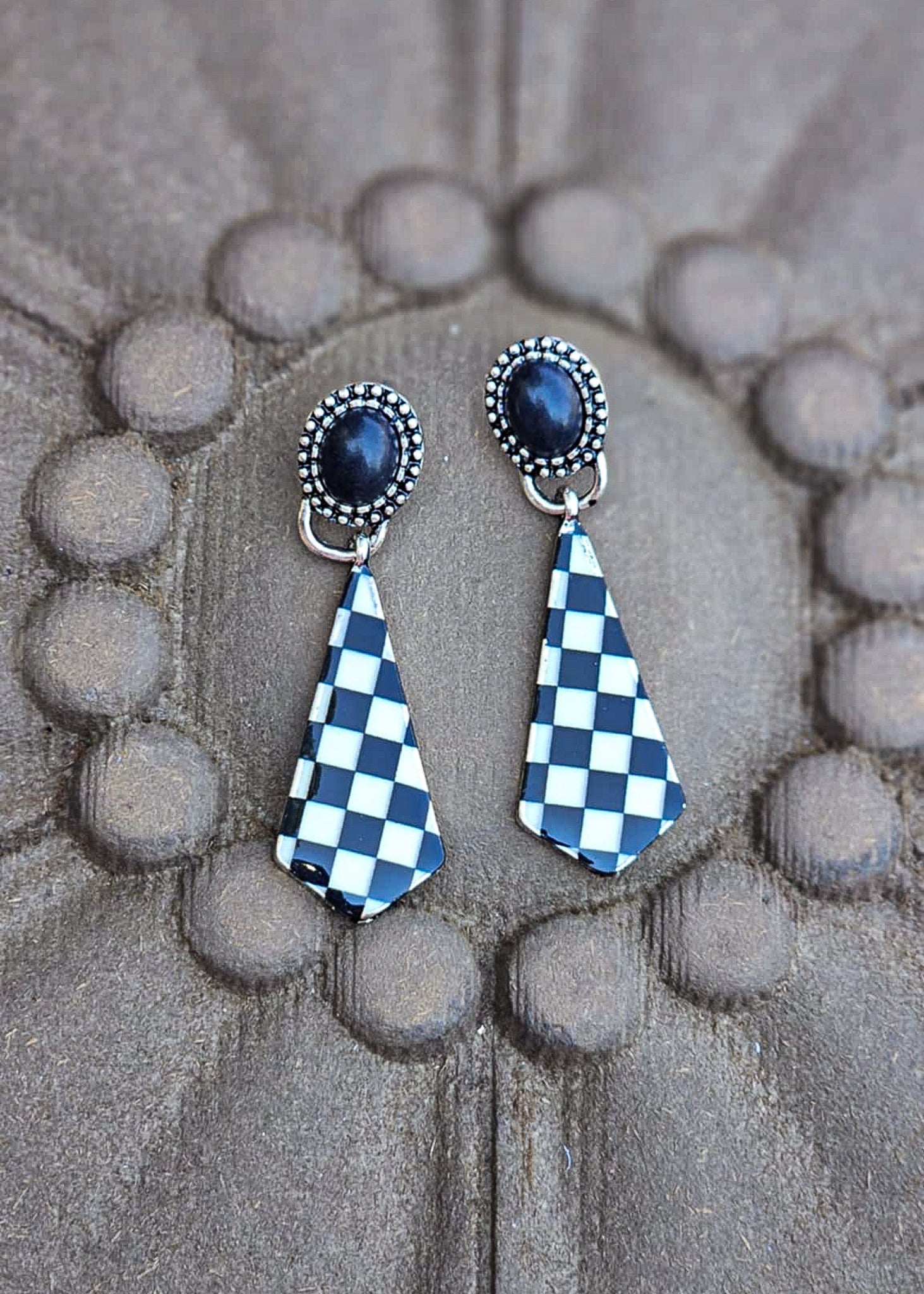 Checkered Pattern Stone Stud Earrings Earrings Blue Tortoise