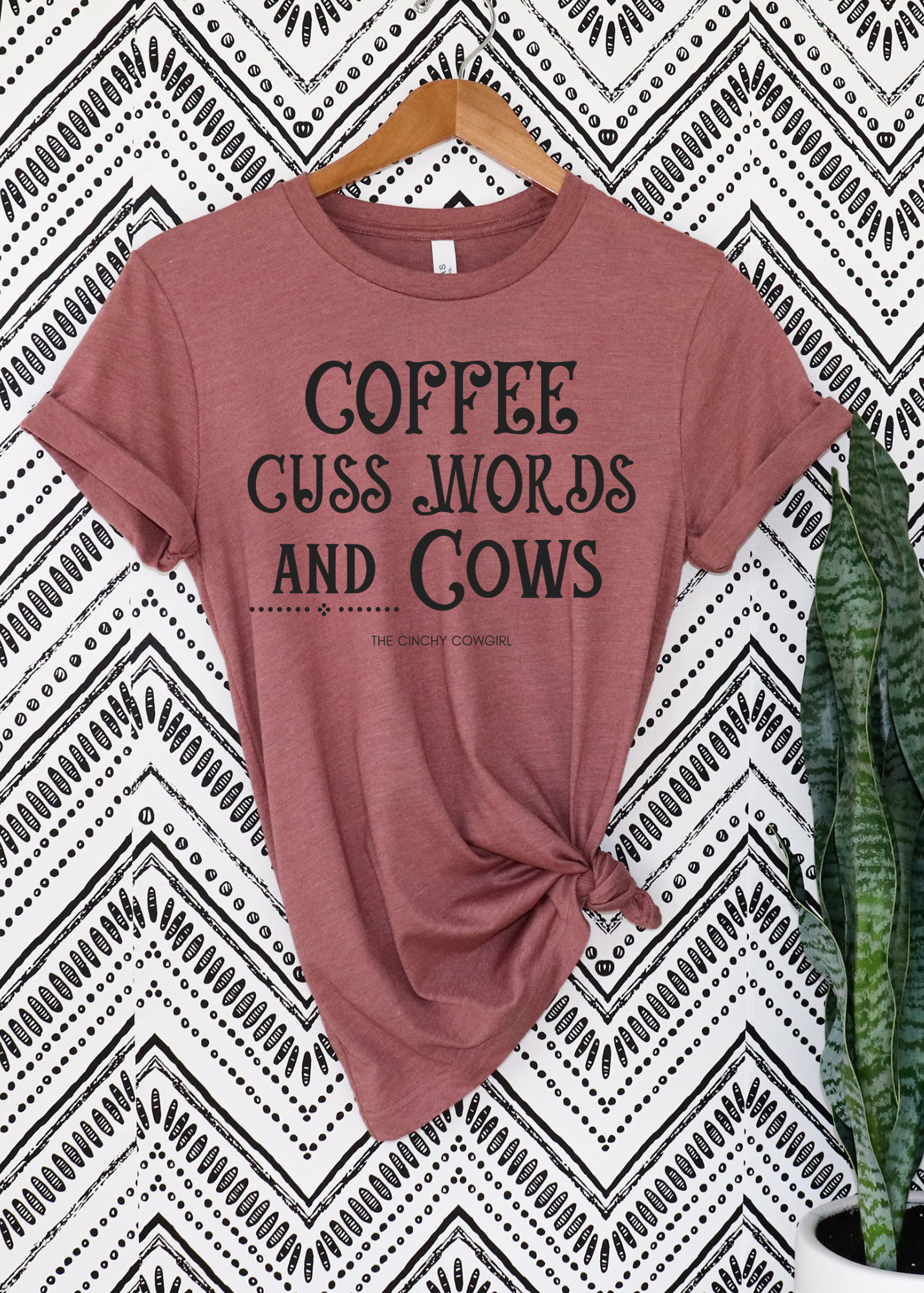 Coffee Cuss Words & Cows Short Sleeve Graphic Tee T-Shirt The Cinchy Cowgirl - Print Heather Mauve M