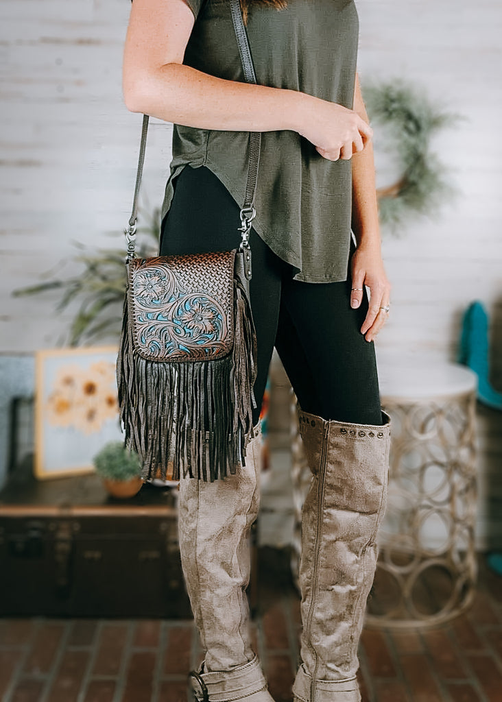 Coffee Floral Tooled Crossbody Handbag Crossbody Handbag Montana West   