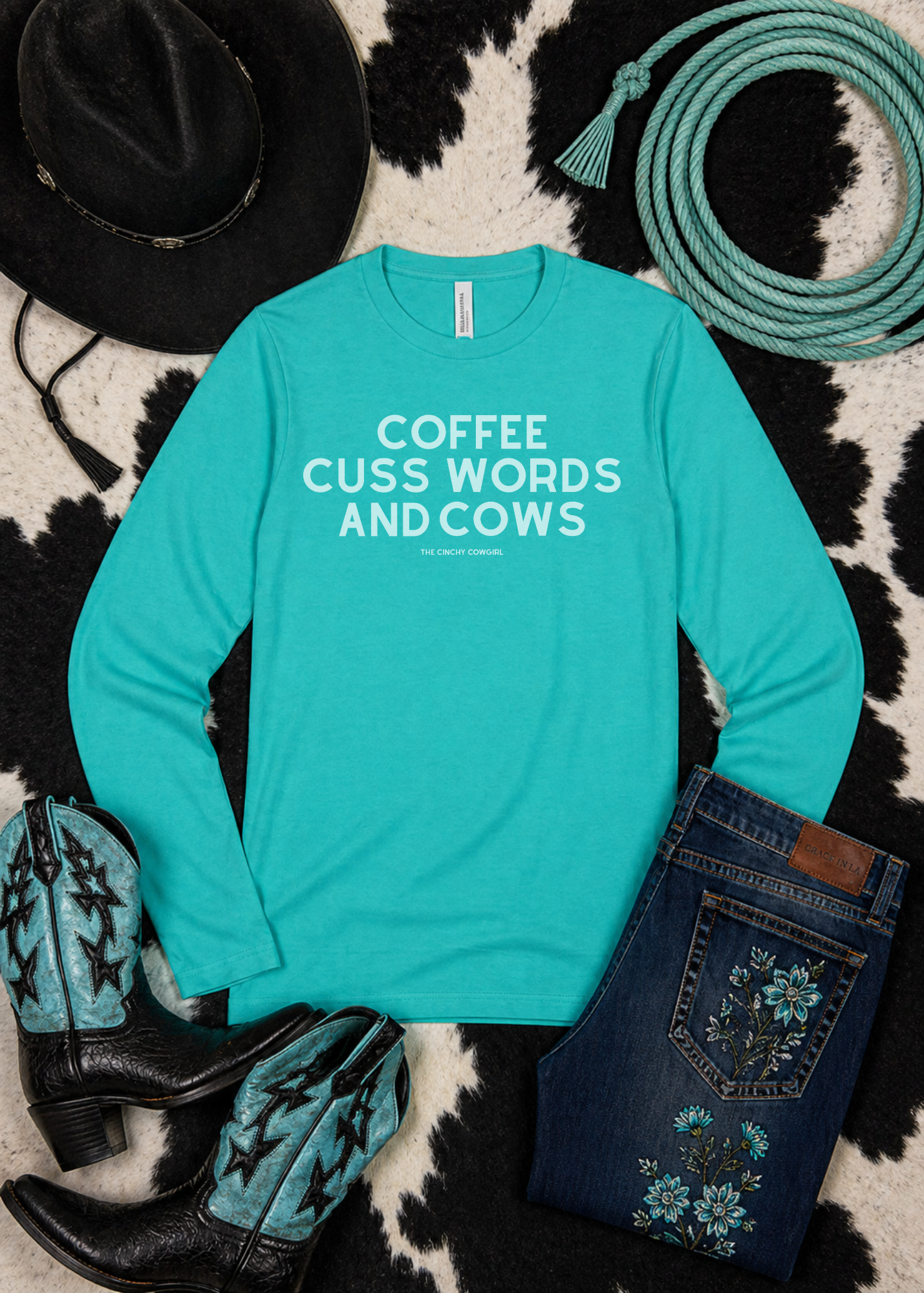 Coffee, Cuss Words And Cows Long Sleeve Tee Long-sleeve The Cinchy Cowgirl - Print