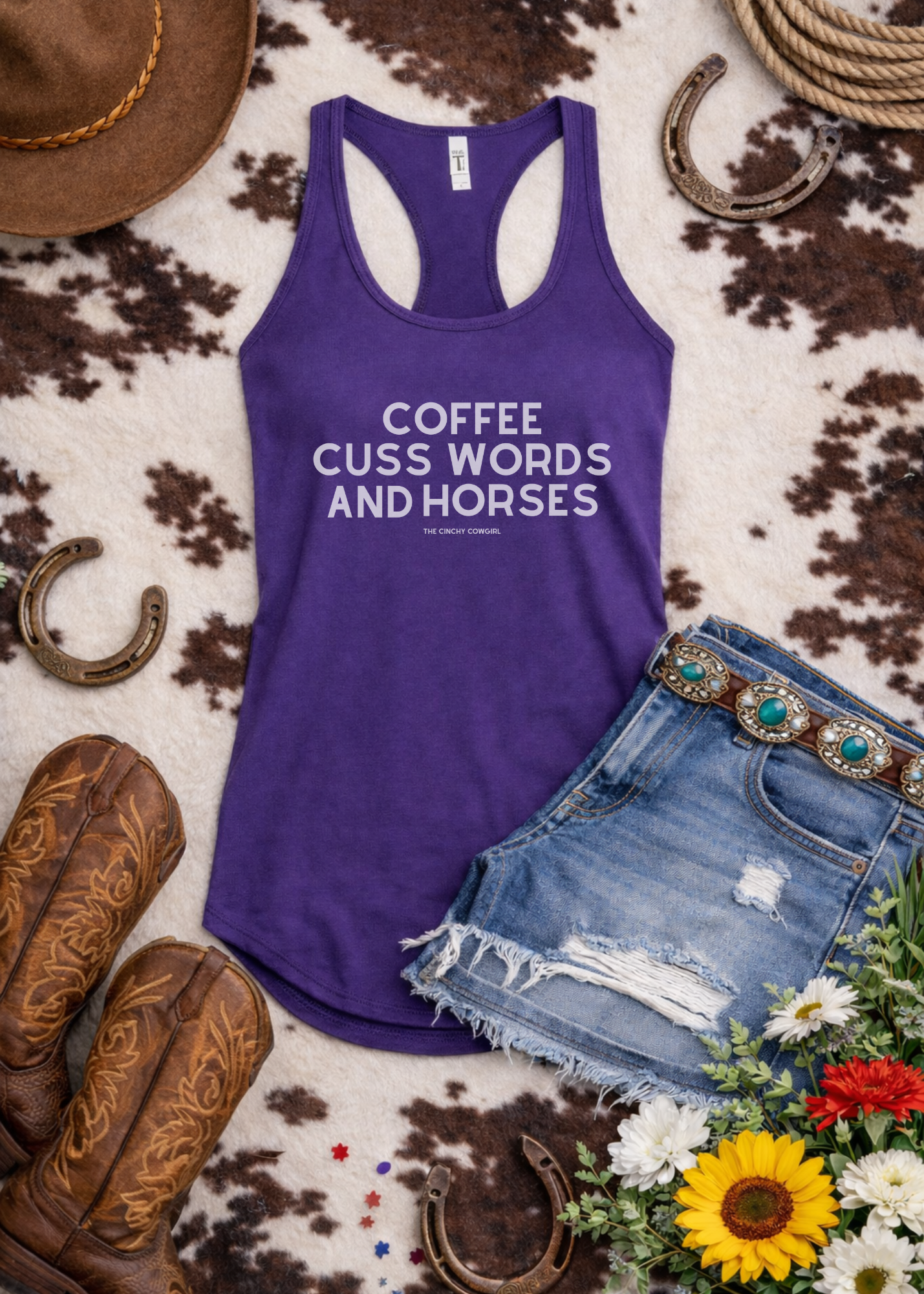 Coffee, Cuss Words And Horses Tank Top Tank Top The Cinchy Cowgirl - Print