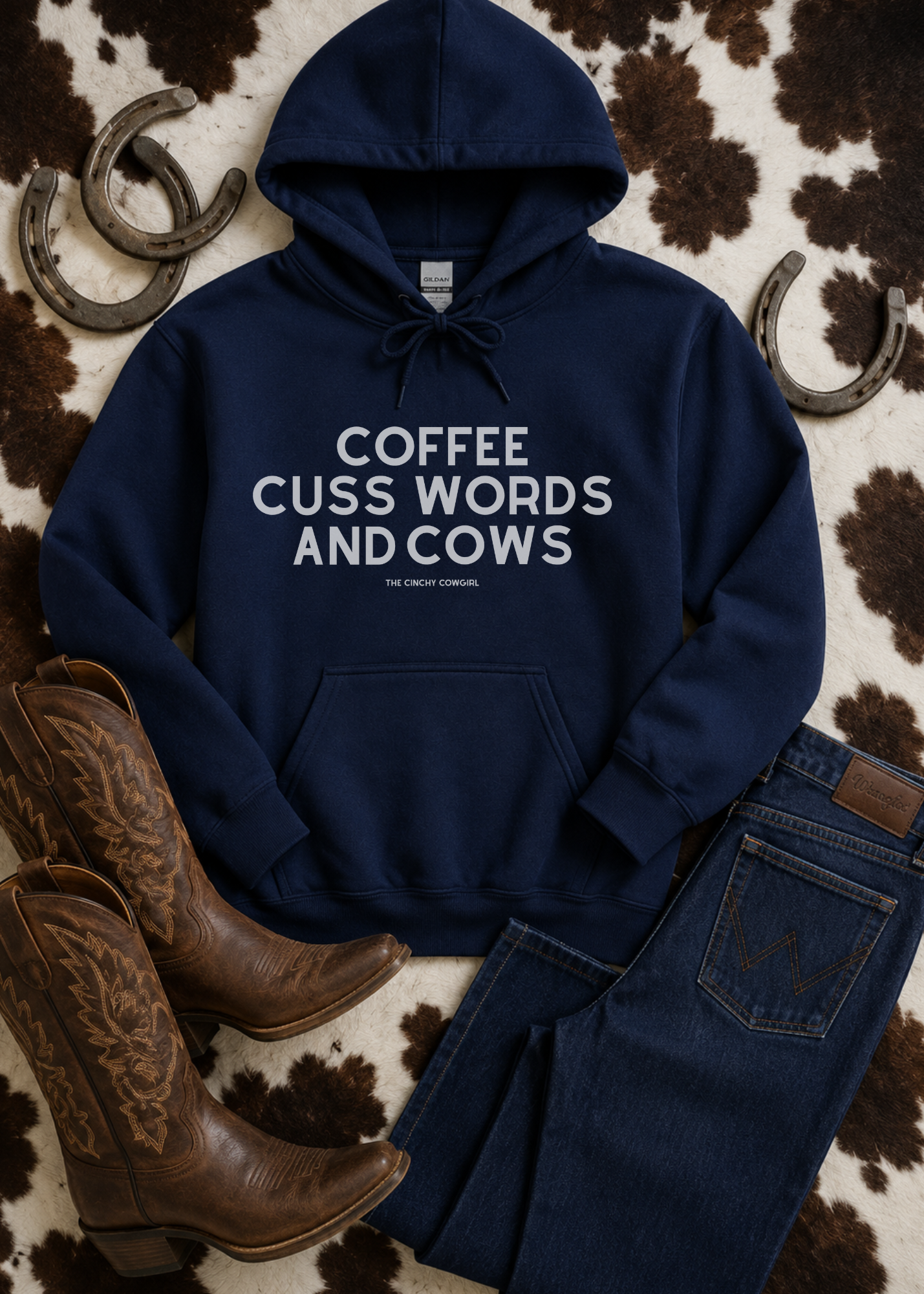 Coffee, Cuss Words and Cows Hoodie Hoodie The Cinchy Cowgirl - Print