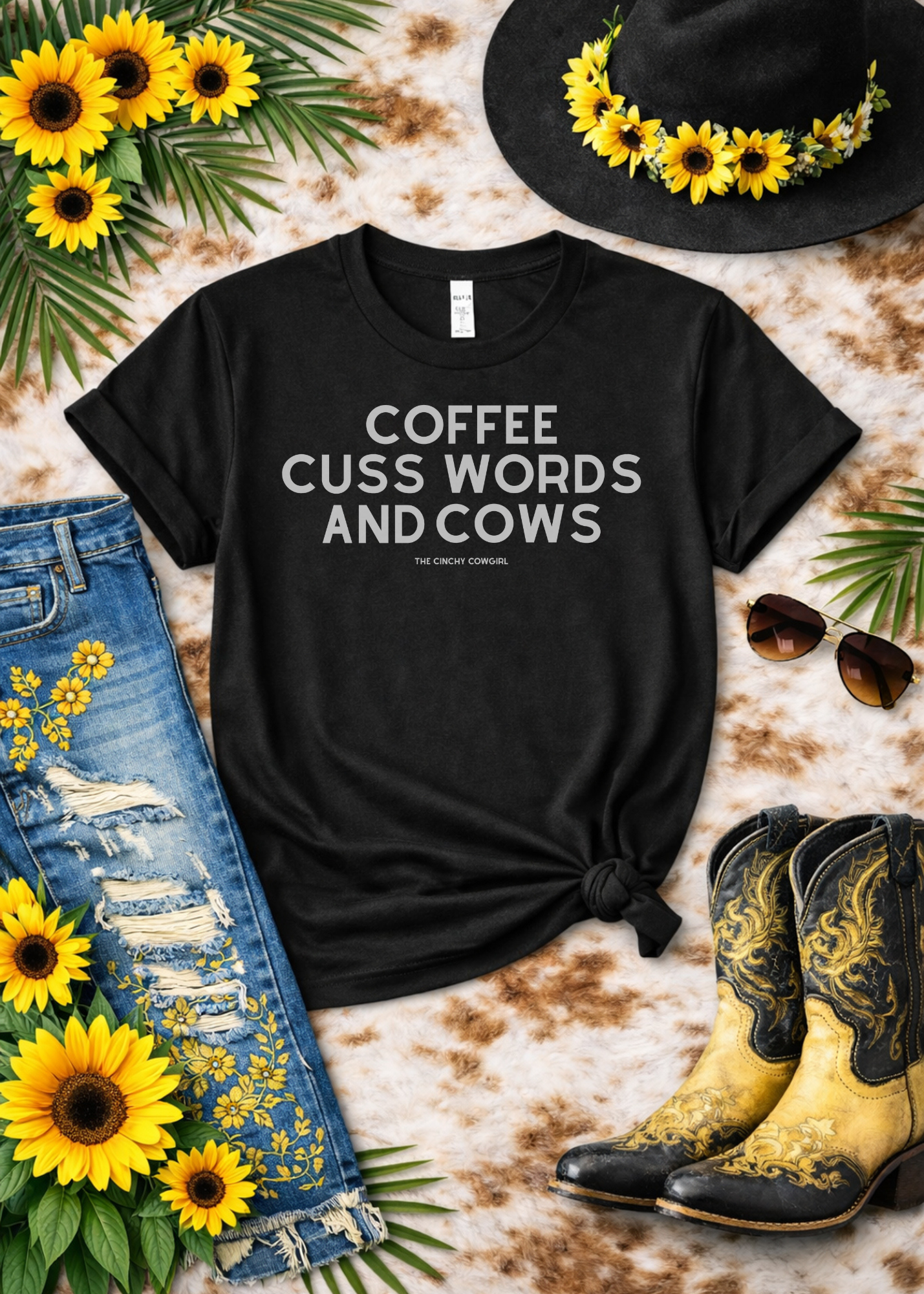 Coffee, Cuss Words And Cows Short Sleeve Tee T-Shirt The Cinchy Cowgirl - Print