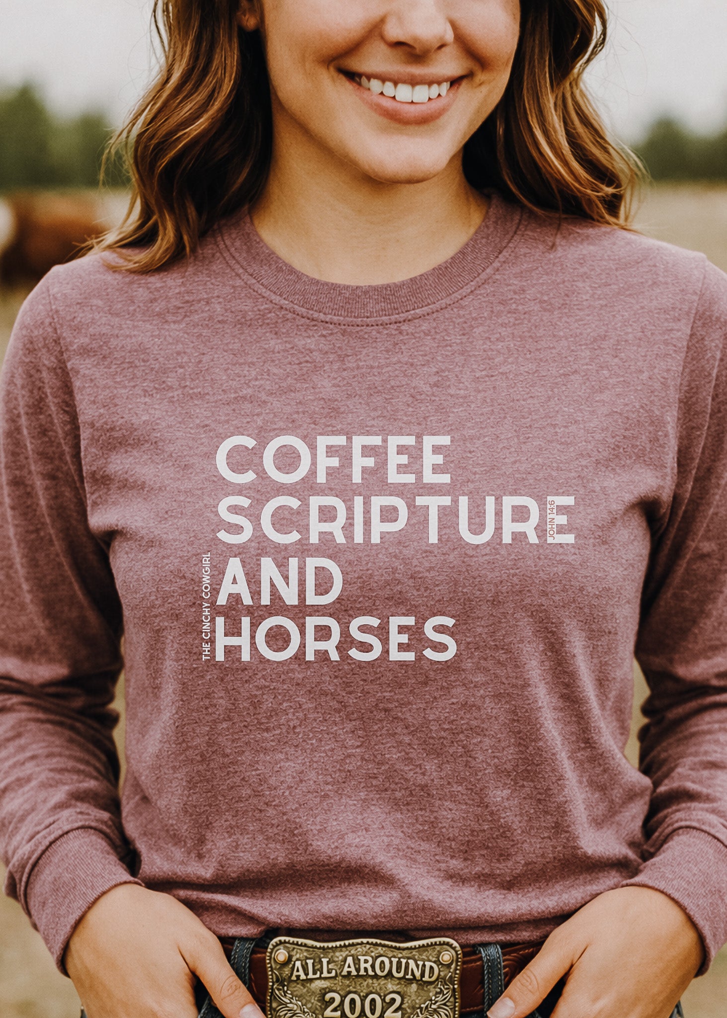 Coffee Scripture Horses Long Sleeve Graphic Tee Long Sleeve Graphic Tee The Cinchy Cowgirl