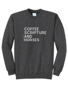 Coffee Scripture Horses Pullover Graphic Pullover The Cinchy Cowgirl Small Dark Heather Gray