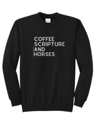Coffee Scripture Horses Pullover Graphic Pullover The Cinchy Cowgirl Small Black