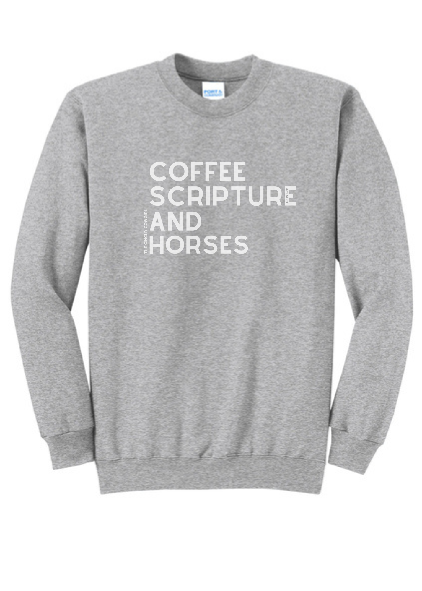 Coffee Scripture Horses Pullover Graphic Pullover The Cinchy Cowgirl Small Athletic Heather Grey