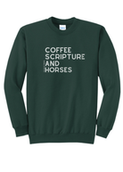Coffee Scripture Horses Pullover Graphic Pullover The Cinchy Cowgirl Small Dark Green
