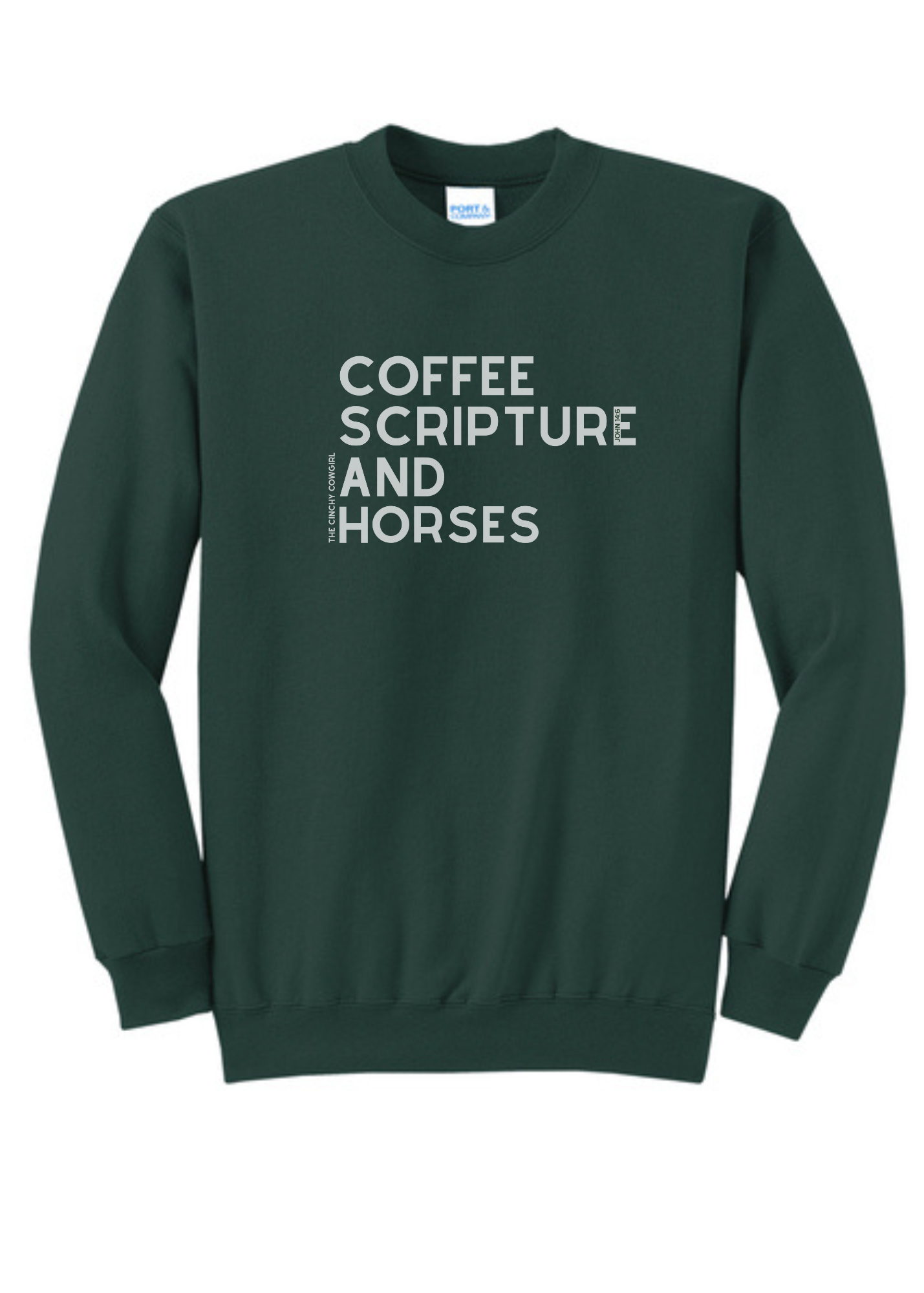 Coffee Scripture Horses Pullover Graphic Pullover The Cinchy Cowgirl Small Dark Green