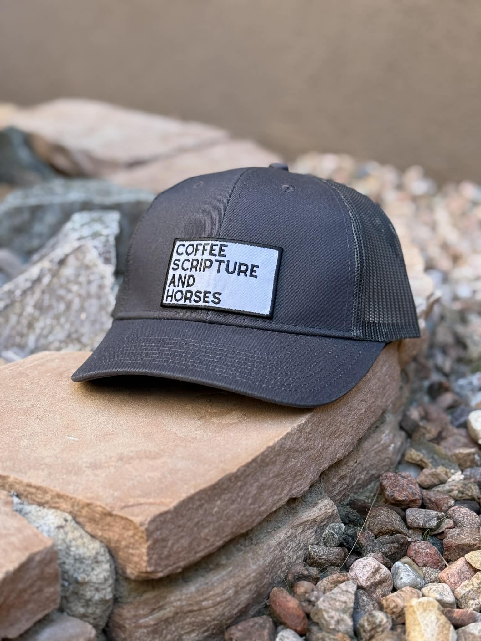 Patch Coffee Scripture And Horses Bucket Trucker Hat Patch TCC Hat The Cinchy Cowgirl