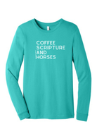 Coffee Scripture Horses Long Sleeve Graphic Tee Long Sleeve Graphic Tee The Cinchy Cowgirl Teal Small