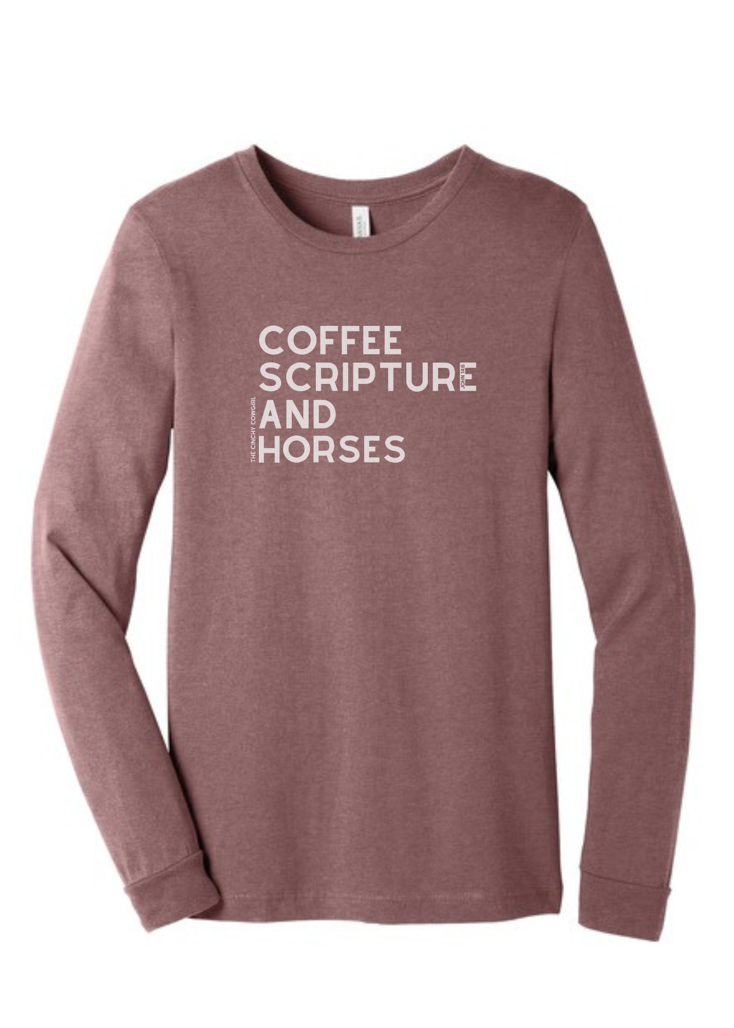 Coffee Scripture Horses Long Sleeve Graphic Tee Long Sleeve Graphic Tee The Cinchy Cowgirl Heather Mauve Small