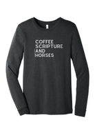 Coffee Scripture Horses Long Sleeve Graphic Tee Long Sleeve Graphic Tee The Cinchy Cowgirl Dark Heather Gray Small