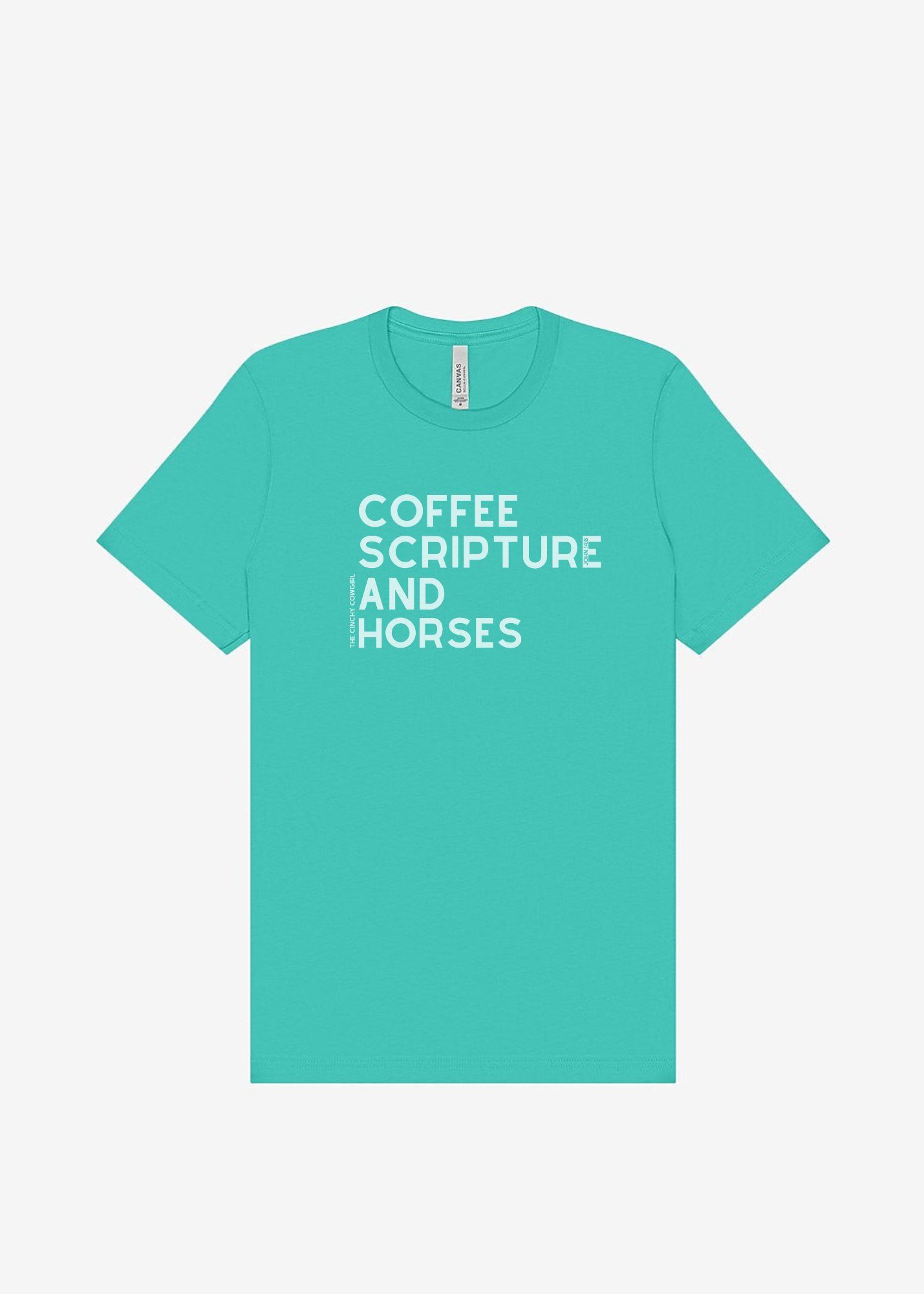 Coffee Scripture Horses Short Sleeve Graphic Tee Short Sleeve Graphic Tee The Cinchy Cowgirl Teal Small