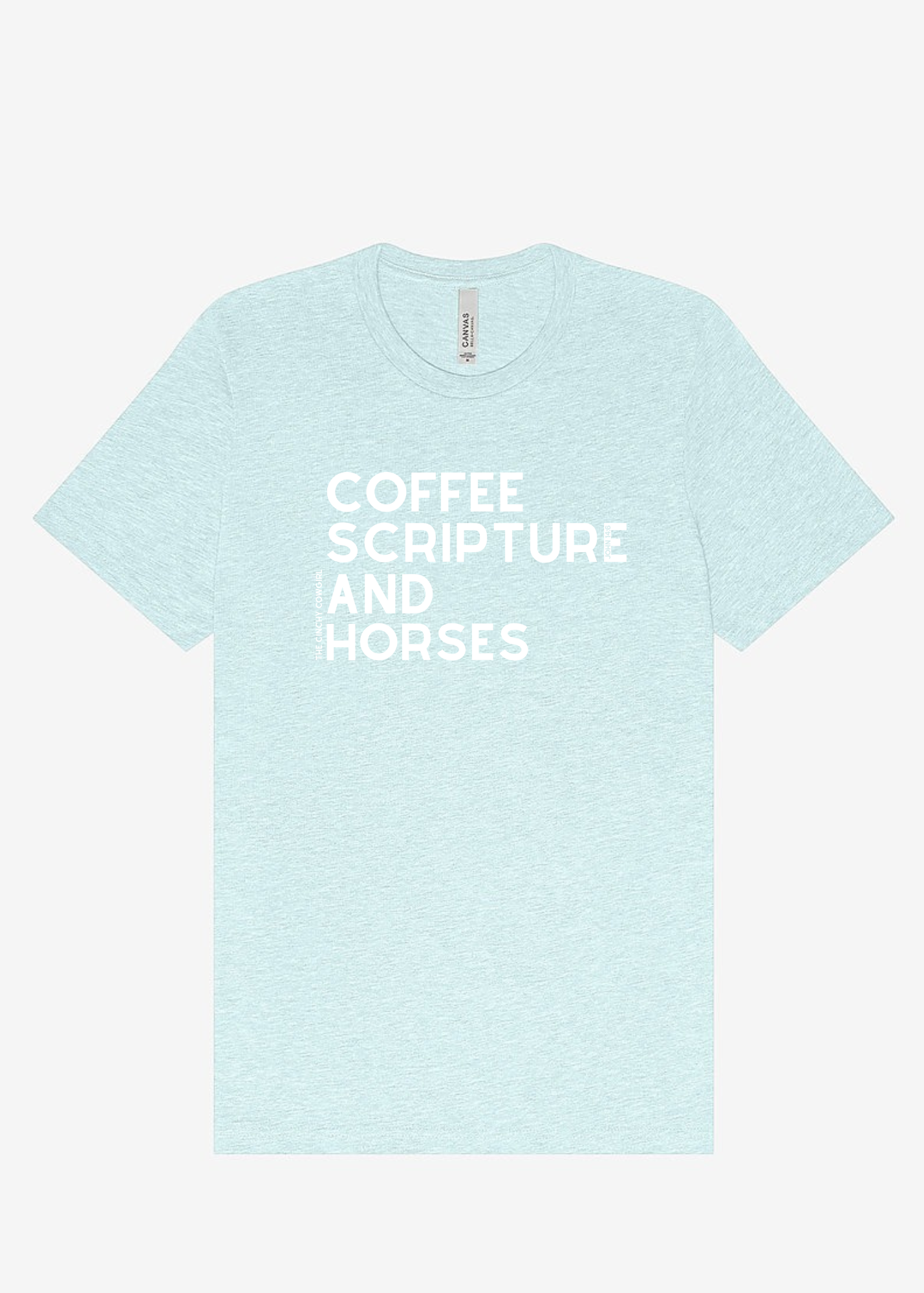 Coffee Scripture Horses Short Sleeve Graphic Tee Short Sleeve Graphic Tee The Cinchy Cowgirl Heather Ice Blue Small