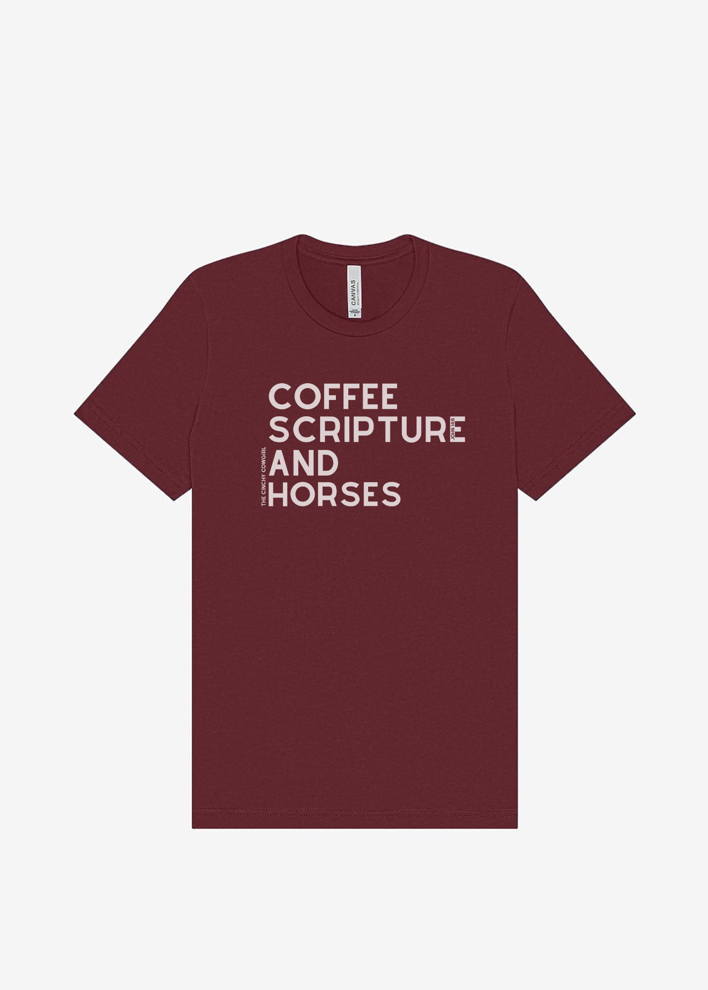 Coffee Scripture Horses Short Sleeve Graphic Tee Short Sleeve Graphic Tee The Cinchy Cowgirl Maroon Small
