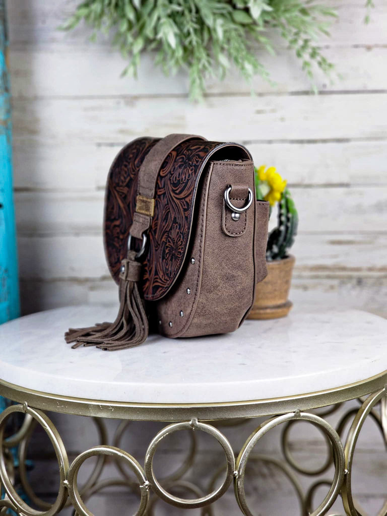 Coffee Tooled Western Saddle Handbag Crossbody Handbag Montana West