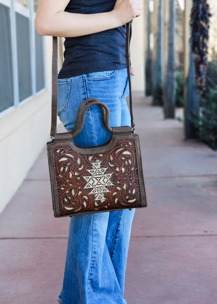 Concealed Carry Tooled Aztec Tote/Crossbody Handbag Wallet Set - COFFEE Concealed Carry Crossbody Handbag & Wallet Montana West