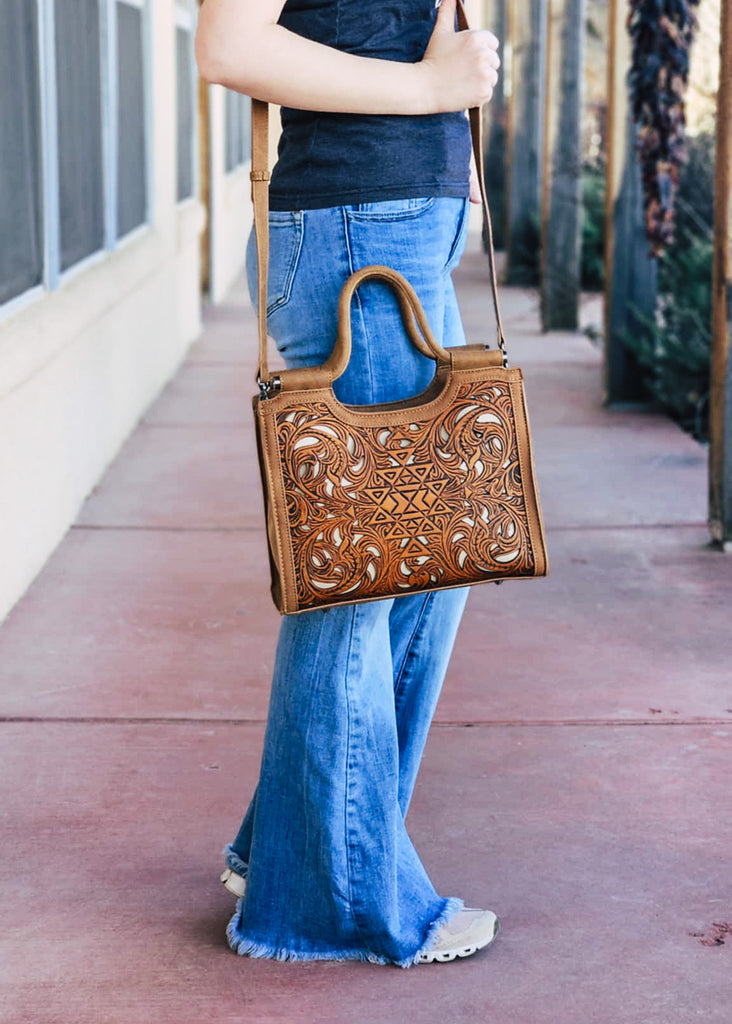 Concealed Carry Tooled Aztec Tote/Crossbody Handbag Wallet Set - BROWN Concealed Carry Crossbody Handbag & Wallet Montana West
