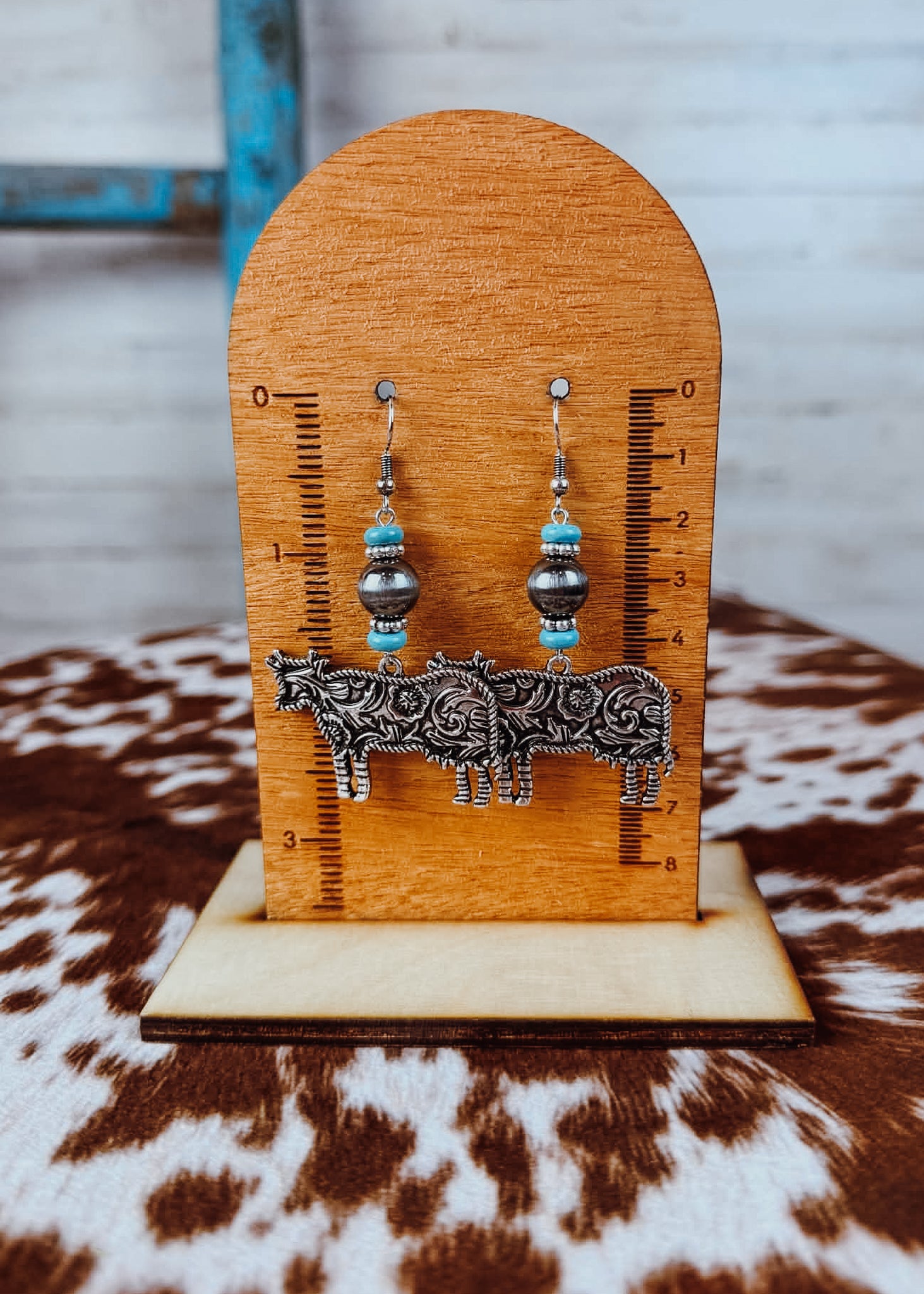 Western Cow Dangle Earring Earrings Blue Tortoise