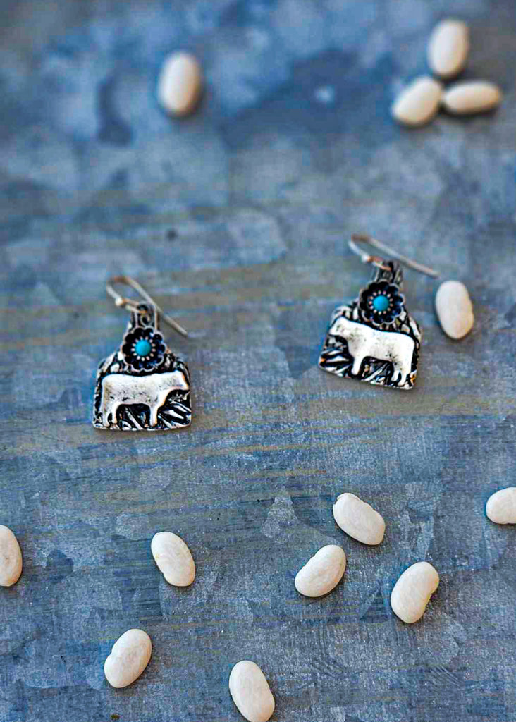 Cow Ear Tag Dangle Earrings Earrings Blue Tortoise