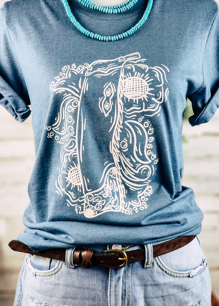 Cowgirl Days Floral Chaps Short Sleeve Tee [2 Colors] tcc graphic tee - $19.99 The Cinchy Cowgirl Heather Slate Small 