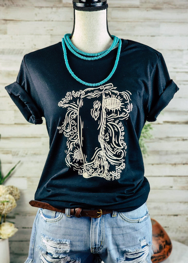 Black Cowgirl Days Floral Chaps Short Sleeve Tee SIZE SMALL tcc graphic tee - $19.99 The Cinchy Cowgirl   