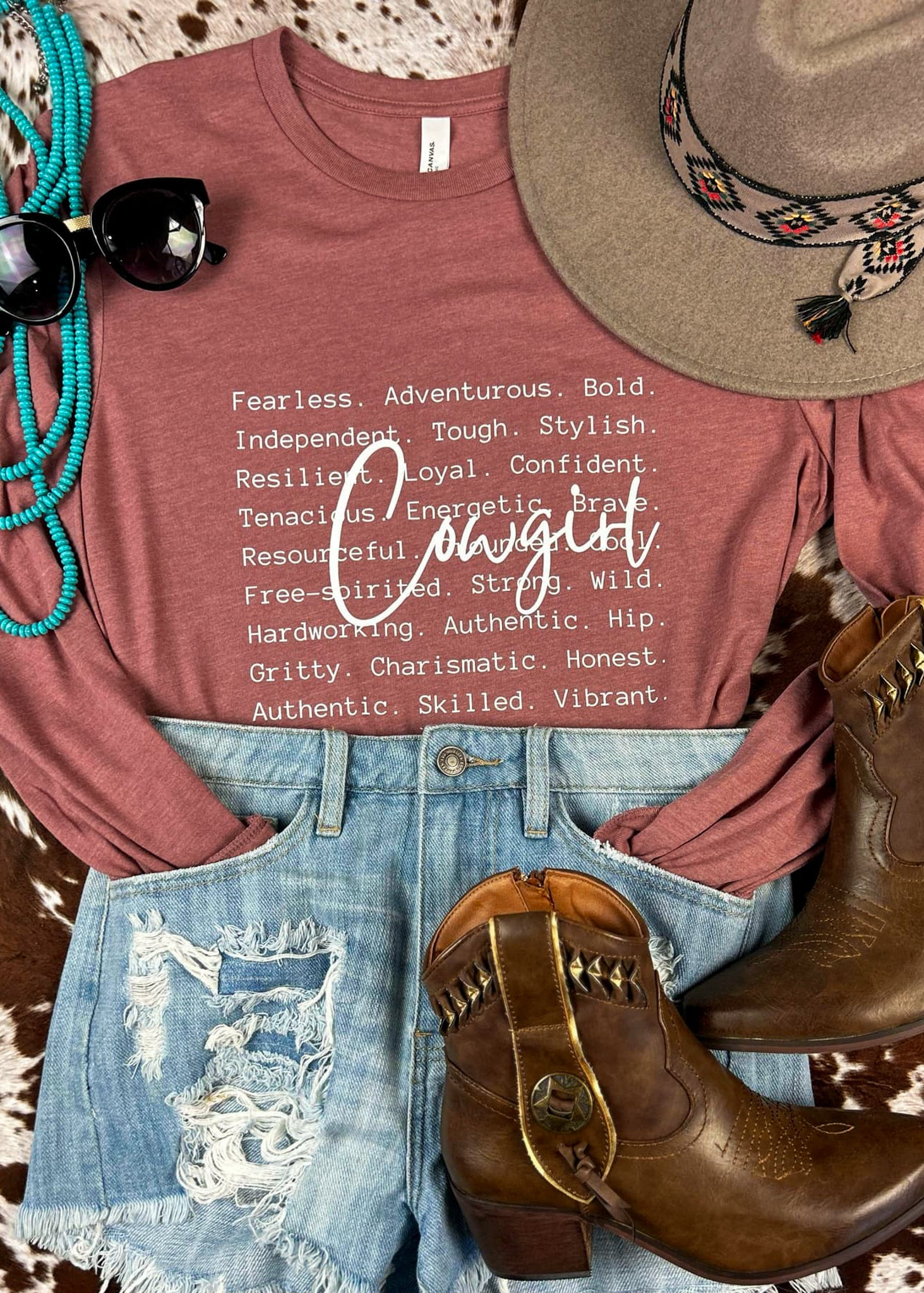 Heather Mauve Cowgirl. Long Sleeve Graphic Tee tcc graphic tee The Cinchy Cowgirl
