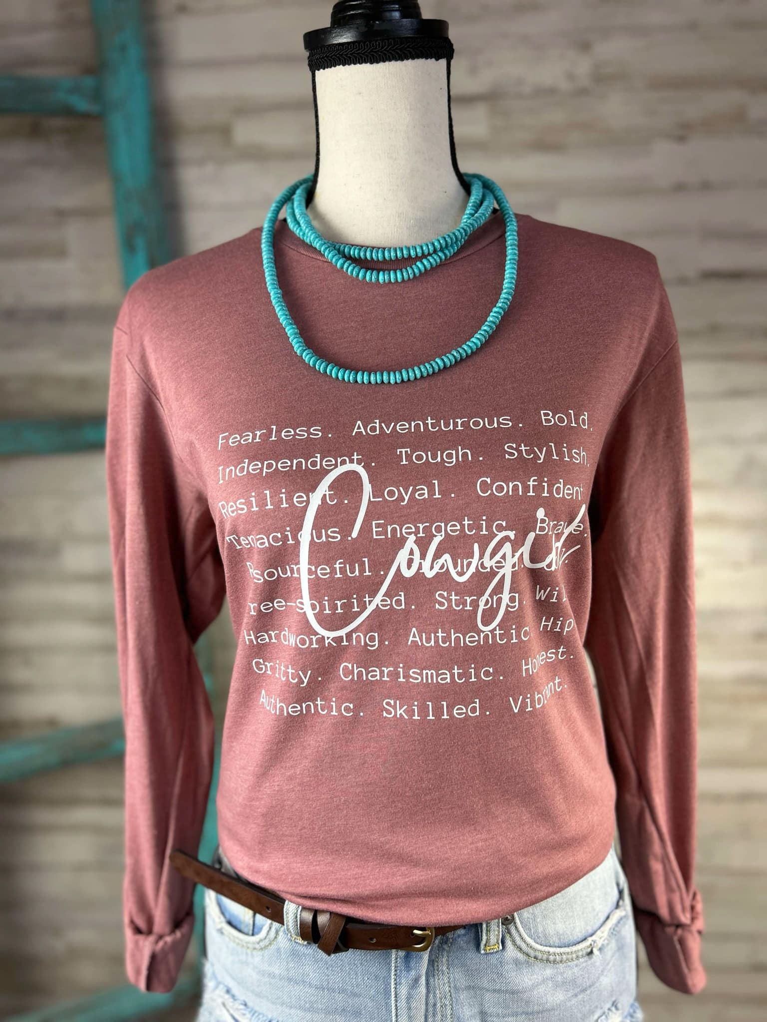 Heather Mauve Cowgirl. Long Sleeve Graphic Tee tcc graphic tee The Cinchy Cowgirl