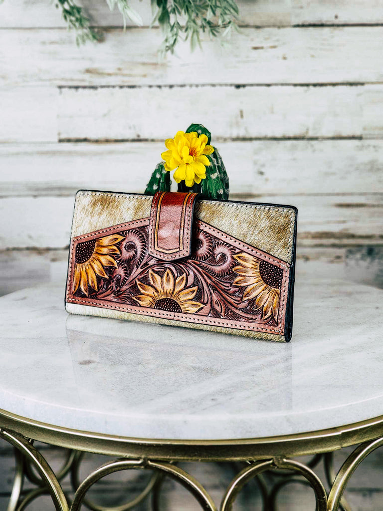 Cowhide Sunflower Tooled Wallet wallet The Cinchy Cowgirl (VEN)   